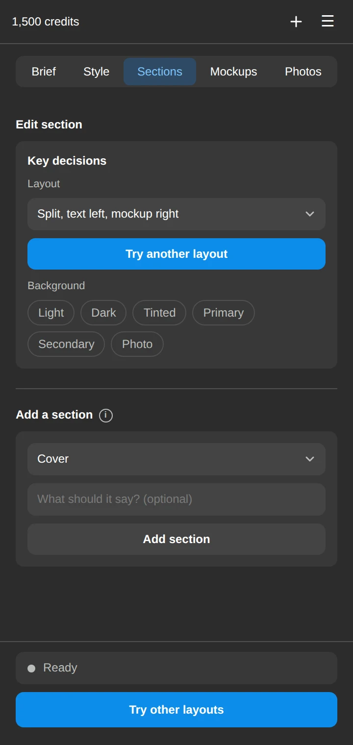 The Sections tab of the Exhibit plugin in Figma