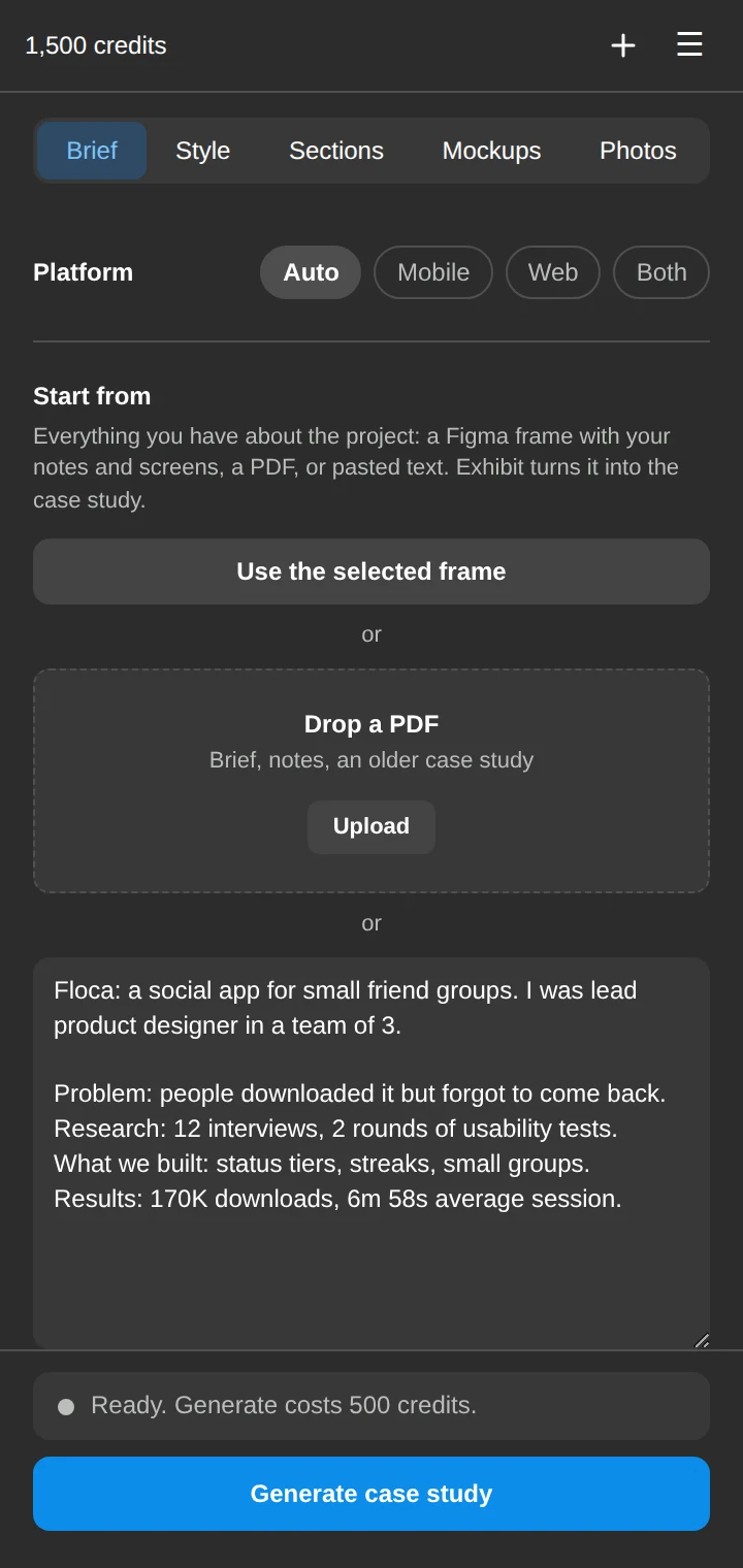 The Brief tab of the Exhibit plugin in Figma